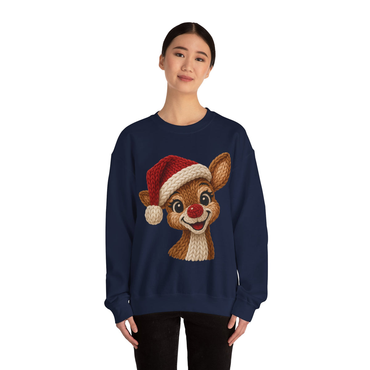 Cute Rudolph Faux Knit Look Reindeer w/Santa Hat – Gildan Heavy Blend | Trendy Women’s Soft Sweatshirt. Direct to Garment. Printed & Shipped in the USA. Unisex Sizes.