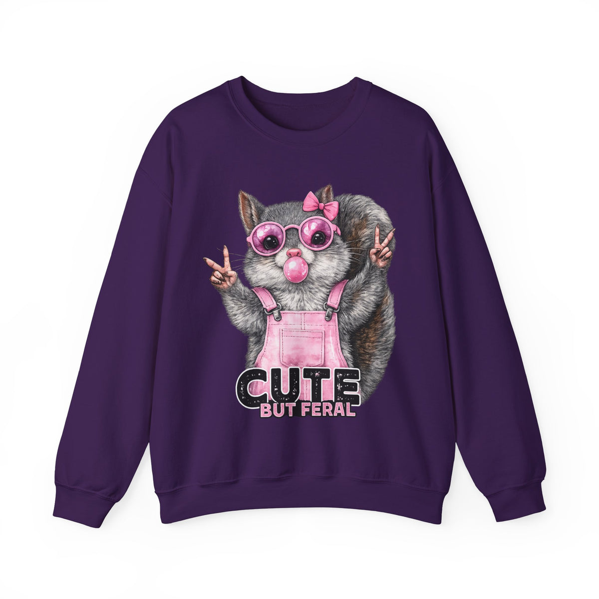Cute But Feral, Squirrel in Pink Bibs – Gildan Heavy Blend | Trendy Women’s Soft Sweatshirt. Direct to Garment. Printed & Shipped in the USA. Unisex Sizes.