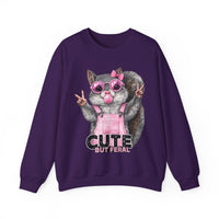 Cute But Feral, Squirrel in Pink Bibs – Gildan Heavy Blend | Trendy Women’s Soft Sweatshirt. Direct to Garment. Printed & Shipped in the USA. Unisex Sizes.