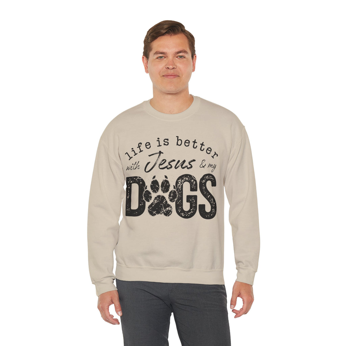 Life is Better With Jesus and My Dogs – Gildan Heavy Blend | Trendy Women’s and Men's Soft Sweatshirt. Direct to Garment. Printed & Shipped in the USA. Unisex Sizes.