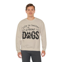 Life is Better With Jesus and My Dogs – Gildan Heavy Blend | Trendy Women’s and Men's Soft Sweatshirt. Direct to Garment. Printed & Shipped in the USA. Unisex Sizes.