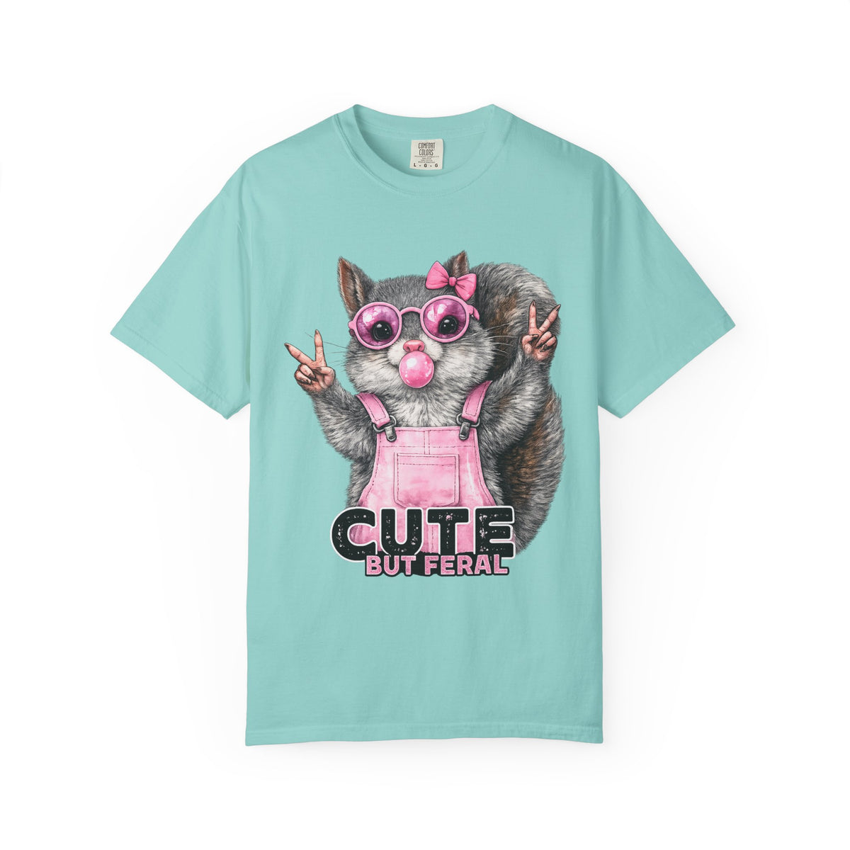 Cute But Feral, Squirrel in Pink Bibs - Comfort Colors | Trendy Women's T-Shirt. Direct to Garment. Printed & Shipped in the USA. Unisex Sizes.