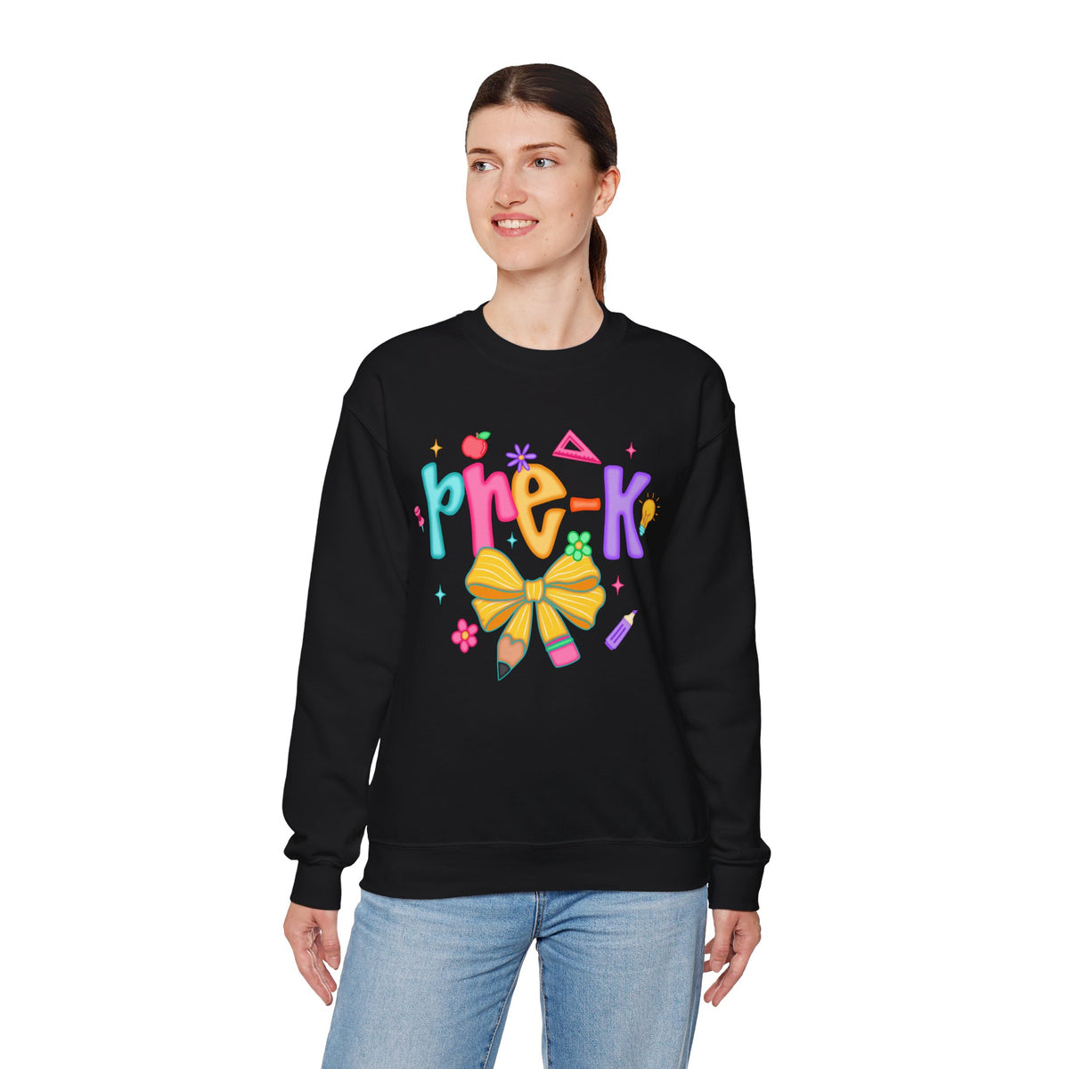 Coquette Pre-K Pencil Bow – Gildan Heavy Blend | Trendy Women’s Soft Sweatshirt. Direct to Garment. Printed & Shipped in the USA. Unisex Sizes.