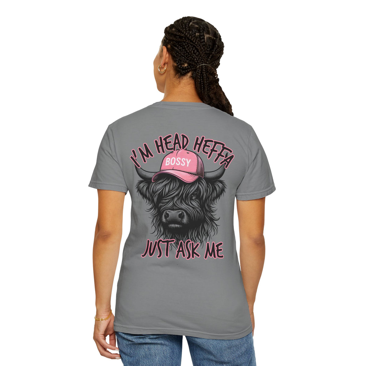 Head Heffa Highland Cow, Front & Back Print - Comfort Colors | Trendy Women's T-Shirt. Direct to Garment. Printed & Shipped in the USA. Unisex Sizes.