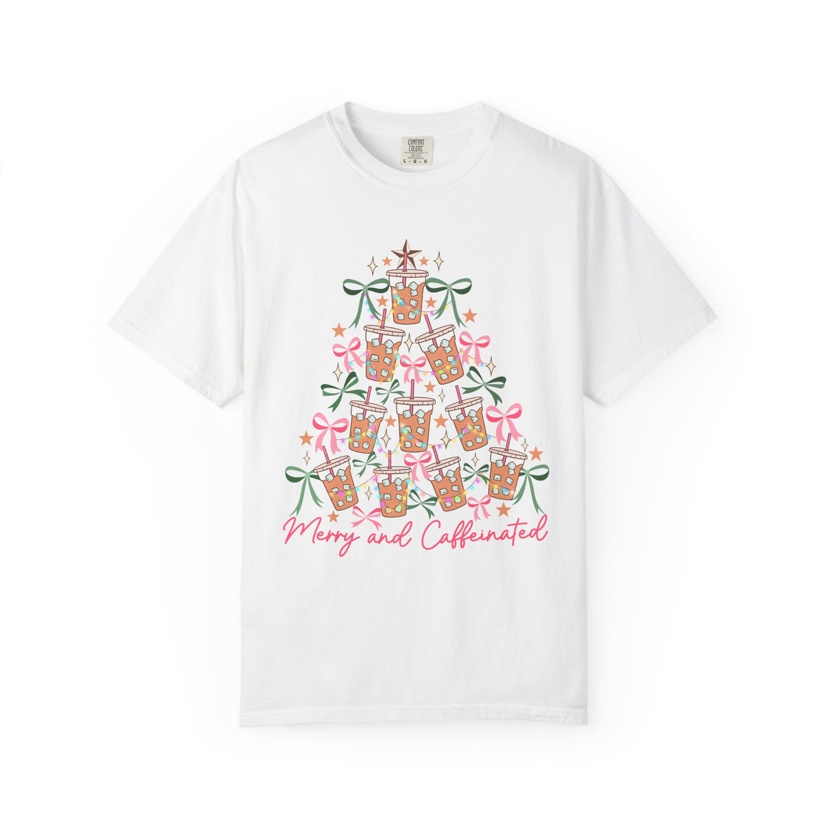 Merry and Caffeinated Iced Coffee Christmas Tree - Comfort Colors | Trendy Women's T-Shirt. Direct to Garment. Printed & Shipped in the USA. Unisex Sizes.