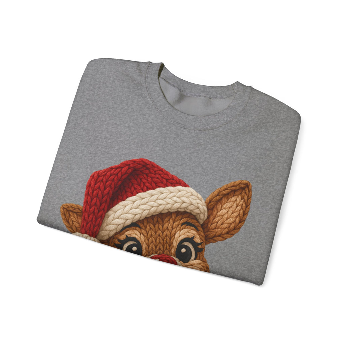 Cute Rudolph Faux Knit Look Reindeer w/Santa Hat – Gildan Heavy Blend | Trendy Women’s Soft Sweatshirt. Direct to Garment. Printed & Shipped in the USA. Unisex Sizes.