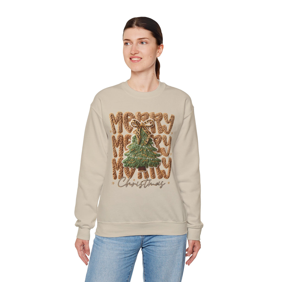 Merry Merry Merry Christmas, Faux Latch Hook Yarn – Gildan Heavy Blend | Trendy Women’s Soft Sweatshirt. Direct to Garment. Printed & Shipped in the USA. Unisex Sizes.