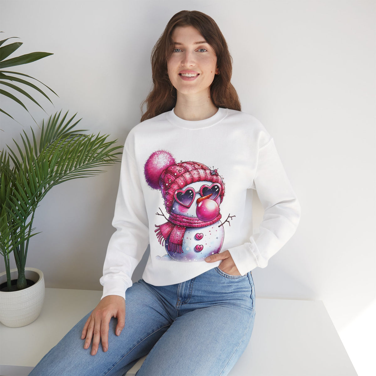 Pink Girly Snowman with Heart Sunglasses and Bubblegum Winter – Gildan Heavy Blend | Trendy Women’s Soft Sweatshirt. Direct to Garment. Printed & Shipped in the USA. Unisex Sizes.
