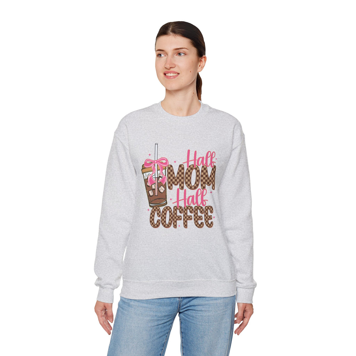 Half Mom Half Coffee, Cute Leopard Print Coffee Design – Gildan Heavy Blend | Trendy Women’s Soft Sweatshirt. Direct to Garment. Printed & Shipped in the USA. Unisex Sizes.