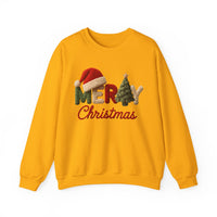Merry Christmas Faux Yarn w/Santa Hat & Tree – Gildan Heavy Blend | Trendy Women’s Soft Sweatshirt. Direct to Garment. Printed & Shipped in the USA. Unisex Sizes.