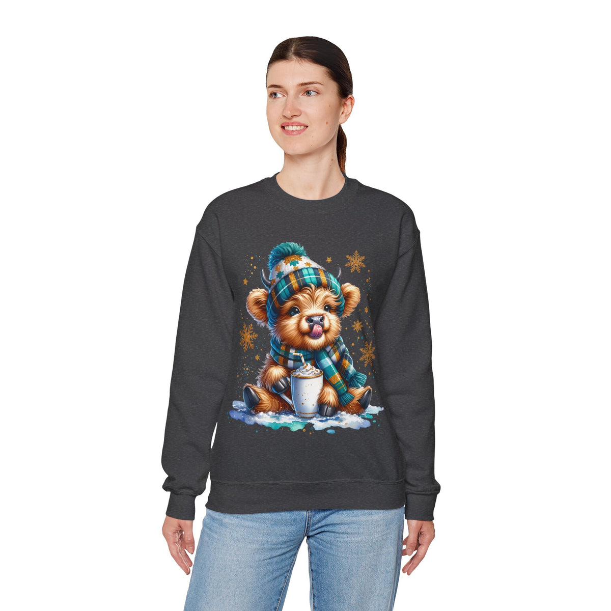 Winter Baby Highland Cow with Cocoa – Gildan Heavy Blend | Trendy Women’s Soft Sweatshirt. Direct to Garment. Printed & Shipped in the USA. Unisex Sizes.