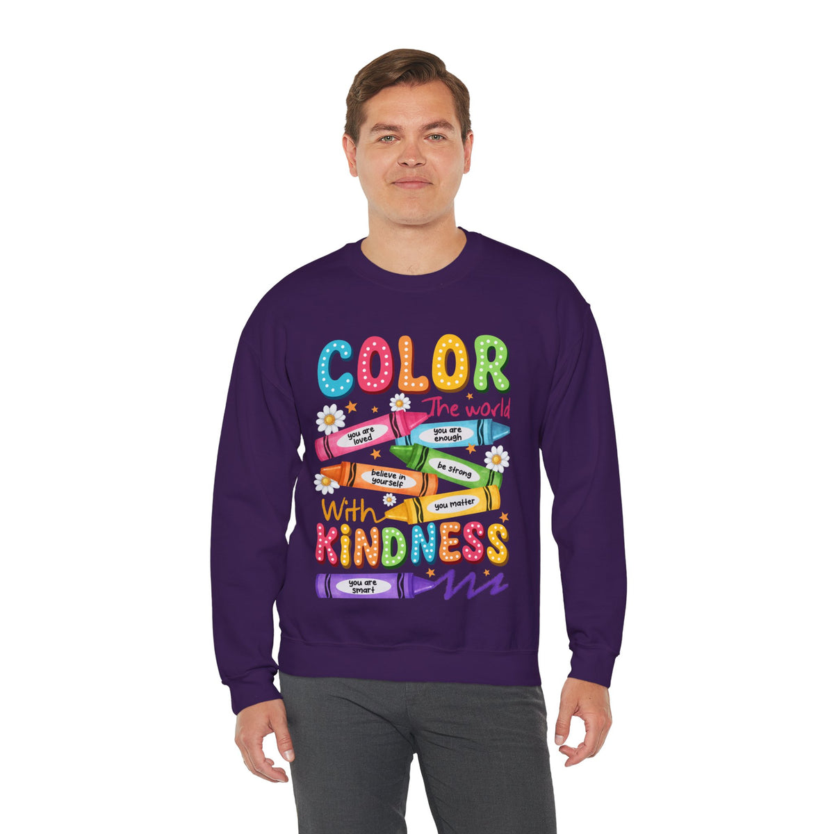 Color the World With Kindness Crayons, Great Teacher Gift – Gildan Heavy Blend | Trendy Women’s and Men's Soft Sweatshirt. Direct to Garment. Printed & Shipped in the USA. Unisex Sizes.
