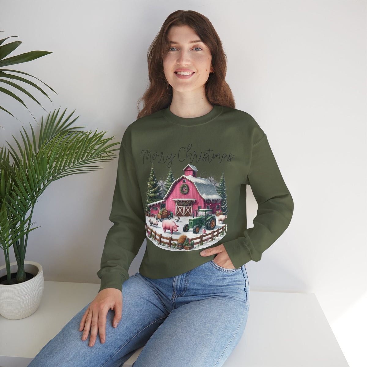 Merry Christmas Pink Barn Farm Animals – Gildan Heavy Blend | Trendy Women’s Soft Sweatshirt. Direct to Garment. Printed & Shipped in the USA. Unisex Sizes.