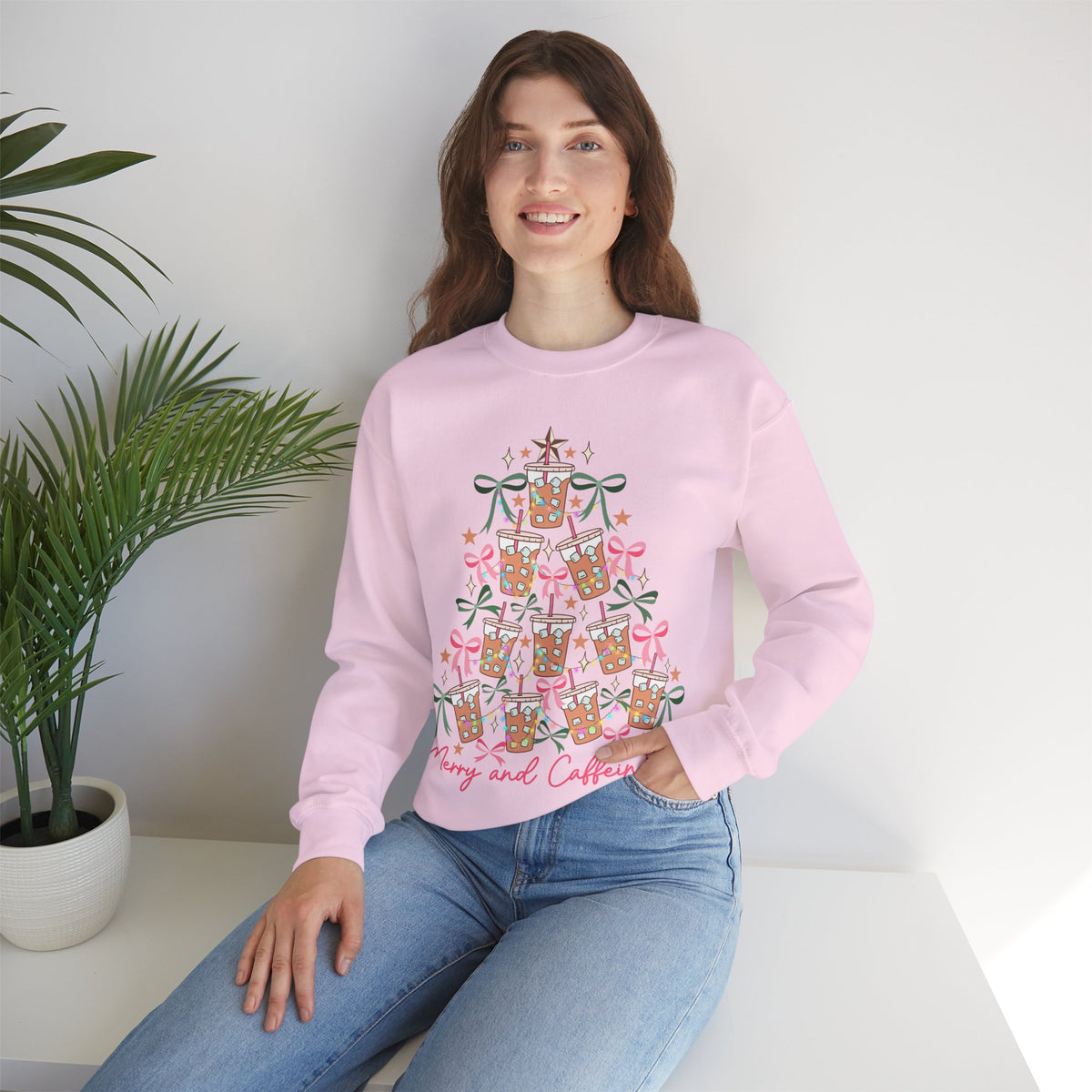 Merry and Caffeinated Iced Coffee Christmas Tree – Gildan Heavy Blend | Trendy Women’s Soft Sweatshirt. Direct to Garment. Printed & Shipped in the USA. Unisex Sizes.