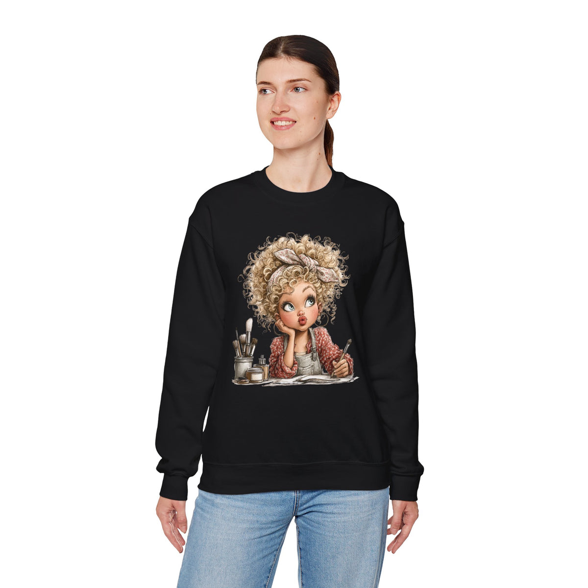 Cute Artist Curly Girl – Gildan Heavy Blend | Trendy Women’s Soft Sweatshirt. Direct to Garment. Printed & Shipped in the USA. Unisex Sizes.