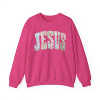 Jesus faux Patchwork – Gildan Heavy Blend | Trendy Women’s Soft Sweatshirt. Direct to Garment. Printed & Shipped in the USA. Unisex Sizes.