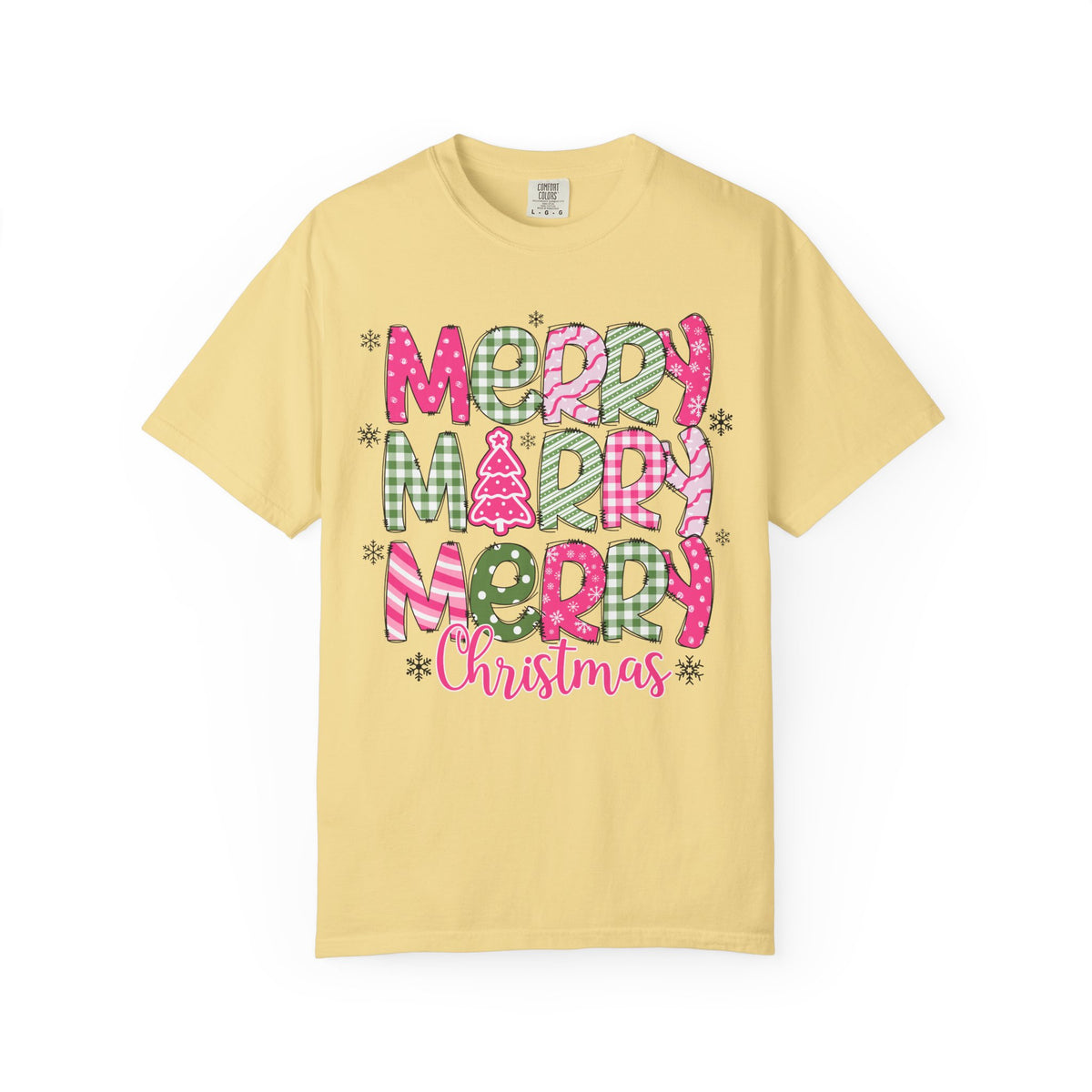 Merry Merry Merry Christmas, Festive Candy Cane & Pink and Green Plaid - Comfort Colors | Trendy Women's T-Shirt. Direct to Garment. Printed & Shipped in the USA. Unisex Sizes.