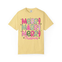 Merry Merry Merry Christmas, Festive Candy Cane & Pink and Green Plaid - Comfort Colors | Trendy Women's T-Shirt. Direct to Garment. Printed & Shipped in the USA. Unisex Sizes.