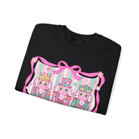 Coquette Pastel Christmas Nutcracker Trio Pink and Green – Gildan Heavy Blend | Trendy Women’s Soft Sweatshirt. Direct to Garment. Printed & Shipped in the USA. Unisex Sizes.