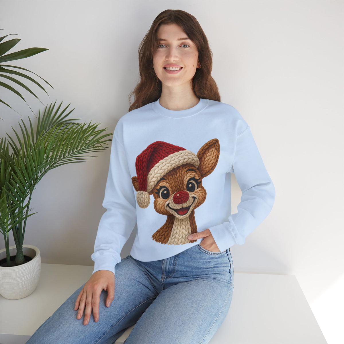 Cute Rudolph Faux Knit Look Reindeer w/Santa Hat – Gildan Heavy Blend | Trendy Women’s Soft Sweatshirt. Direct to Garment. Printed & Shipped in the USA. Unisex Sizes.