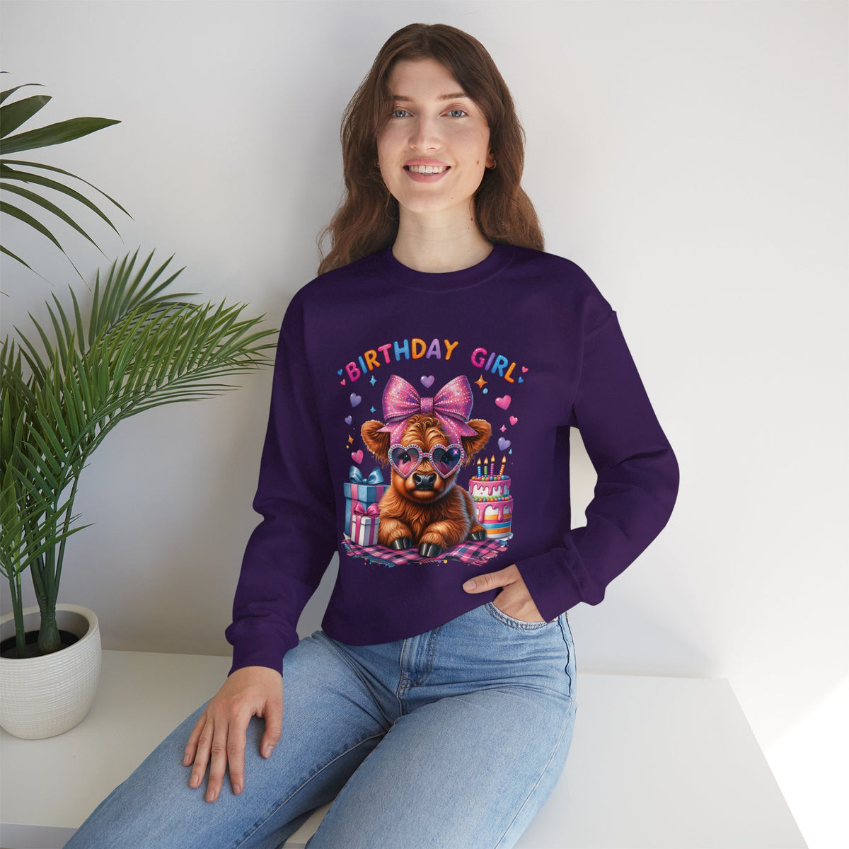 Birthday Girl, Highland Cow – Gildan Heavy Blend | Trendy Women’s Soft Sweatshirt. Direct to Garment. Printed & Shipped in the USA. Unisex Sizes.