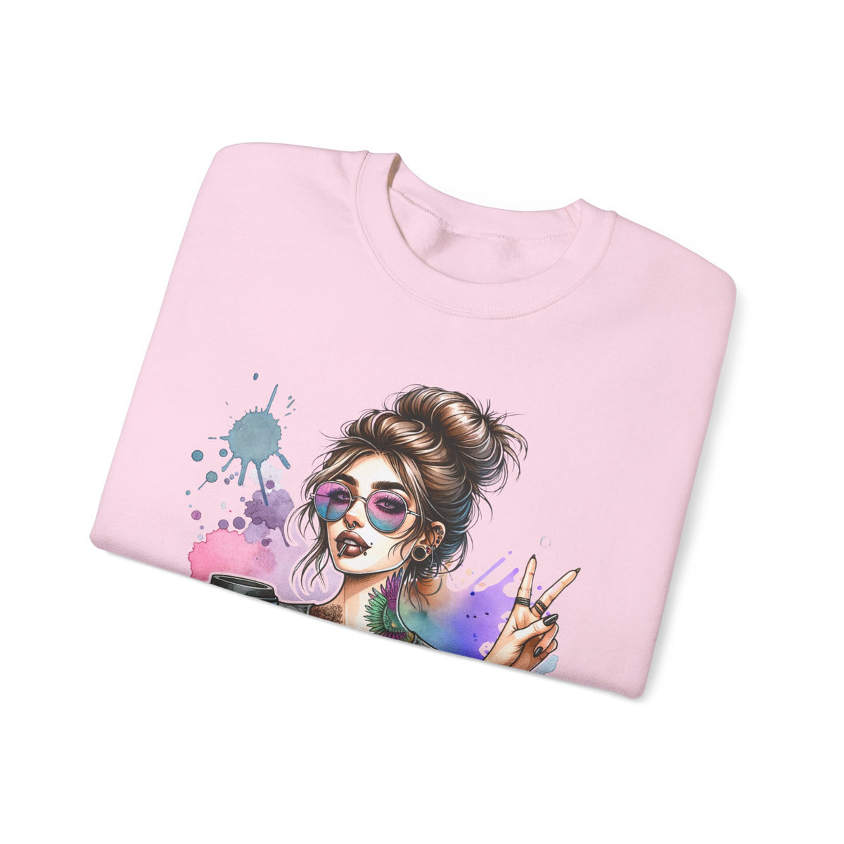 Cool Mombie with Coffee Peace Tattoo - Tired Mom – Gildan Heavy Blend | Trendy Women’s Soft Sweatshirt. Direct to Garment. Printed & Shipped in the USA. Unisex Sizes.