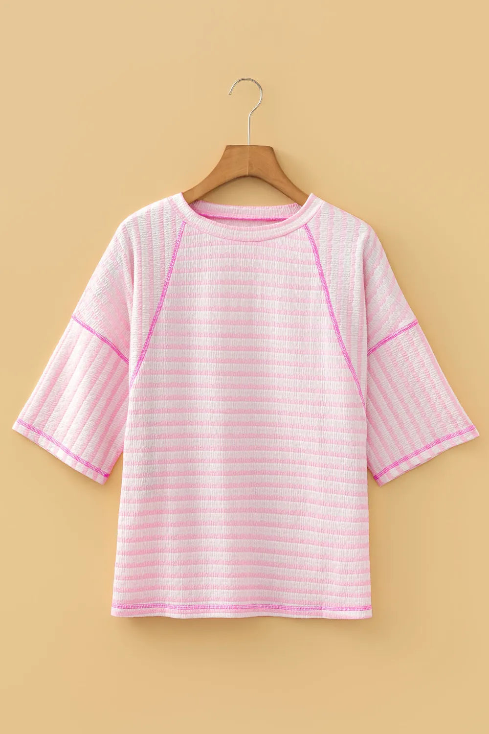 Pink Striped Half Sleeve, Classy Fit Knit Top