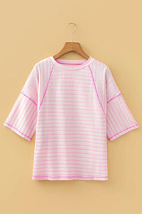 Pink Striped Half Sleeve, Classy Fit Knit Top
