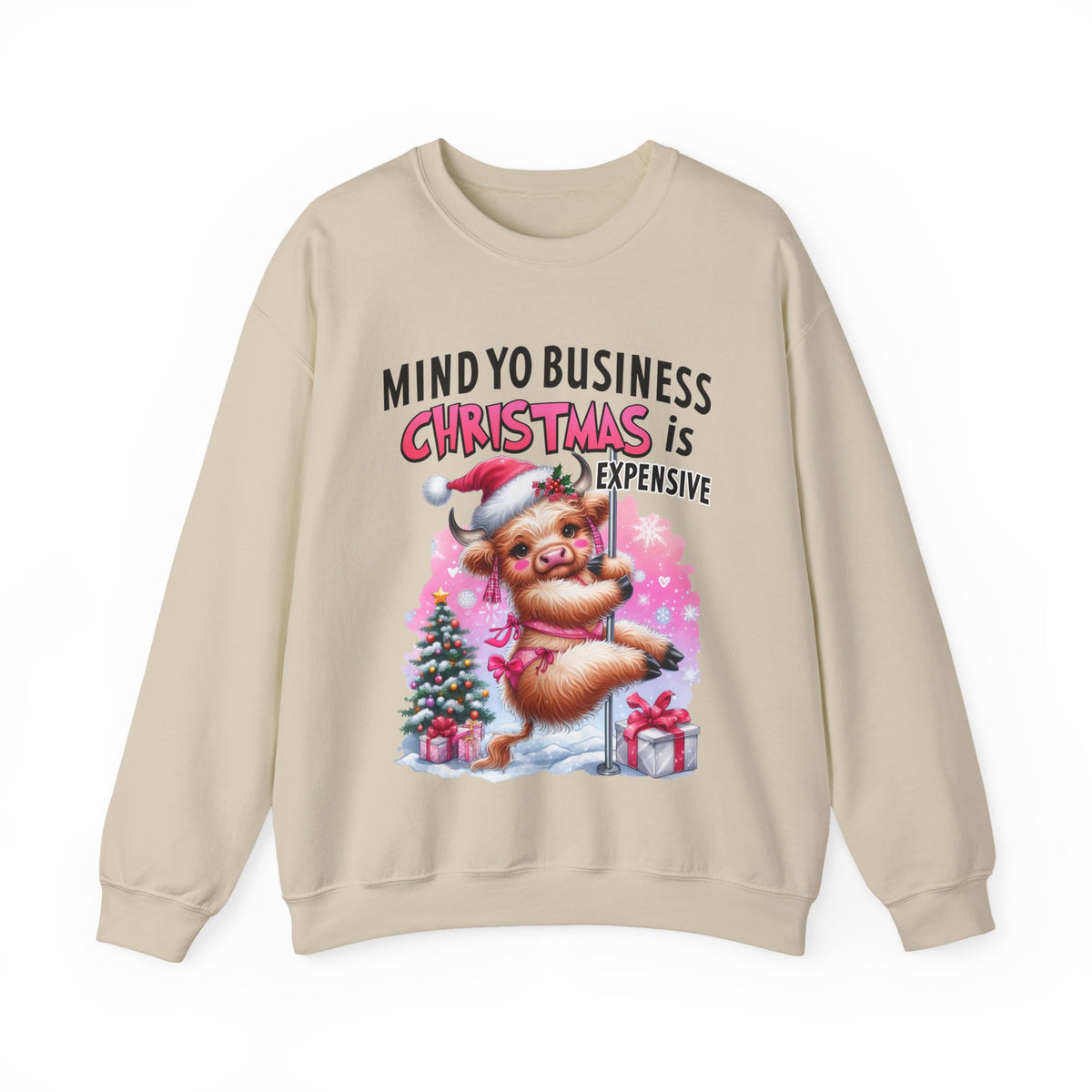 Highland Cow Mind Yo Business Christmas is Expensive – Gildan Heavy Blend | Trendy Women’s Soft Sweatshirt. Direct to Garment. Printed & Shipped in the USA. Unisex Sizes.
