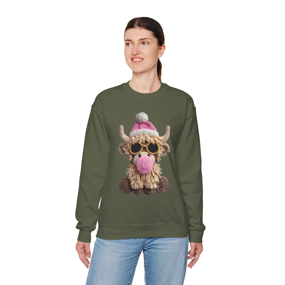 Faux Crochet Highland Cow Bubblegum – Gildan Heavy Blend | Trendy Women’s Soft Sweatshirt. Direct to Garment. Printed & Shipped in the USA. Unisex Sizes.