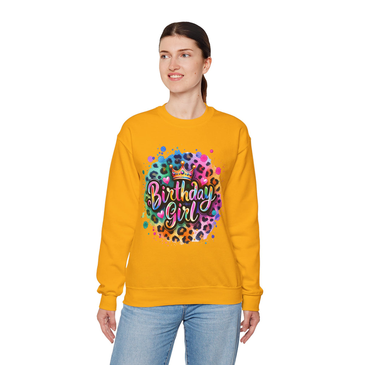 Birthday Girl, Neon Leopard – Gildan Heavy Blend | Trendy Women’s Soft Sweatshirt. Direct to Garment. Printed & Shipped in the USA. Unisex Sizes.