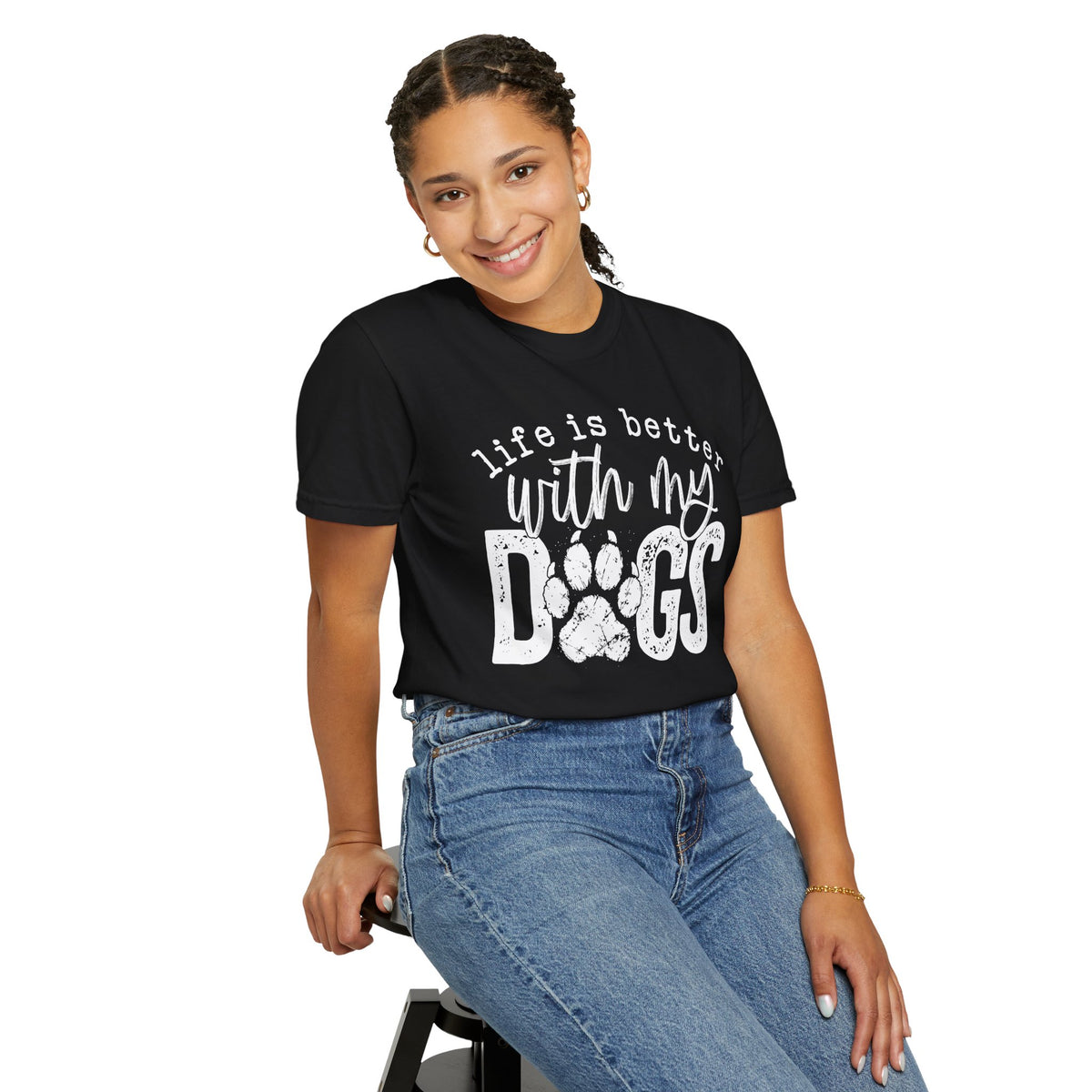 Life Is Better With My Dogs, Distressed - Comfort Colors | Trendy Women's and Men's T-Shirt. Direct to Garment. Printed & Shipped in the USA. Unisex Sizes.