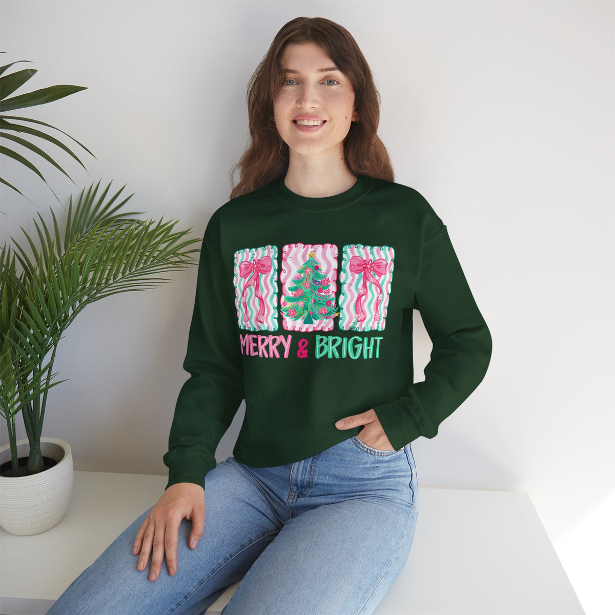 Merry & Bright Christmas - Pink & Green Holiday Tree Design – Gildan Heavy Blend | Trendy Women’s Soft Sweatshirt. Direct to Garment. Printed & Shipped in the USA. Unisex Sizes.