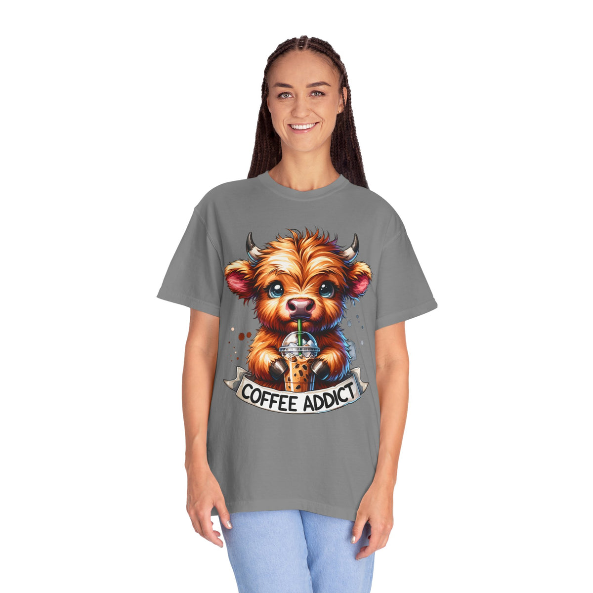 Coffee Addict Highland Cow Drinking Iced Coffee - Comfort Colors | Trendy Women's T-Shirt. Direct to Garment. Printed & Shipped in the USA. Unisex Sizes.