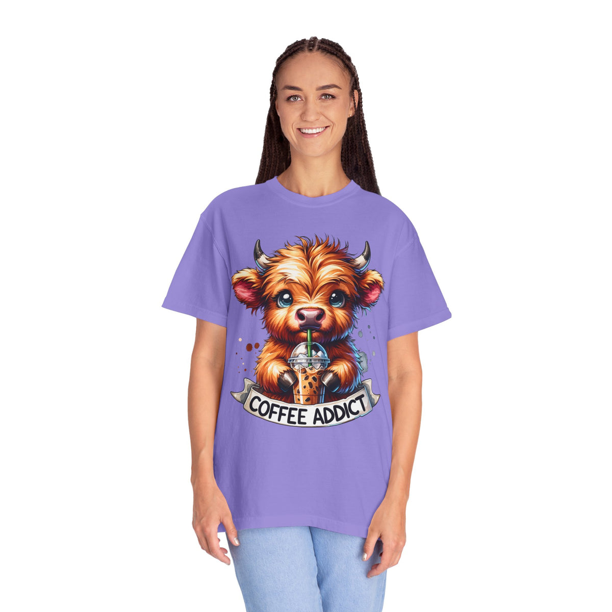 Coffee Addict Highland Cow Drinking Iced Coffee - Comfort Colors | Trendy Women's T-Shirt. Direct to Garment. Printed & Shipped in the USA. Unisex Sizes.