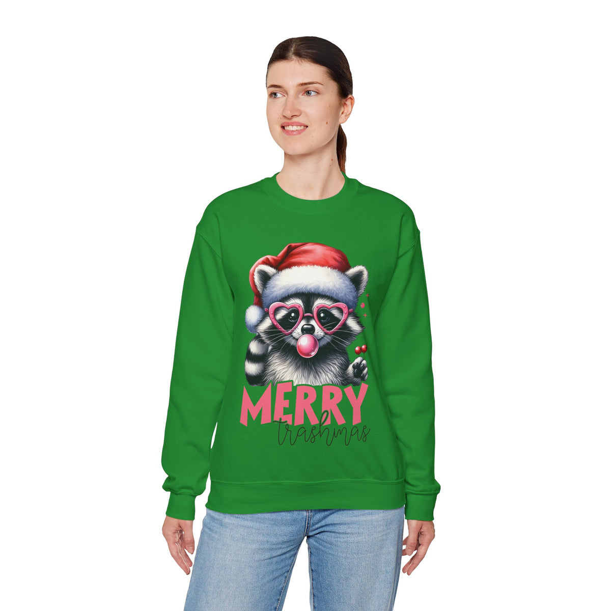 Merry Trashmas Bubblegum Raccoon w/Santa Hat Christmas – Gildan Heavy Blend | Trendy Women’s Soft Sweatshirt. Direct to Garment. Printed & Shipped in the USA. Unisex Sizes.