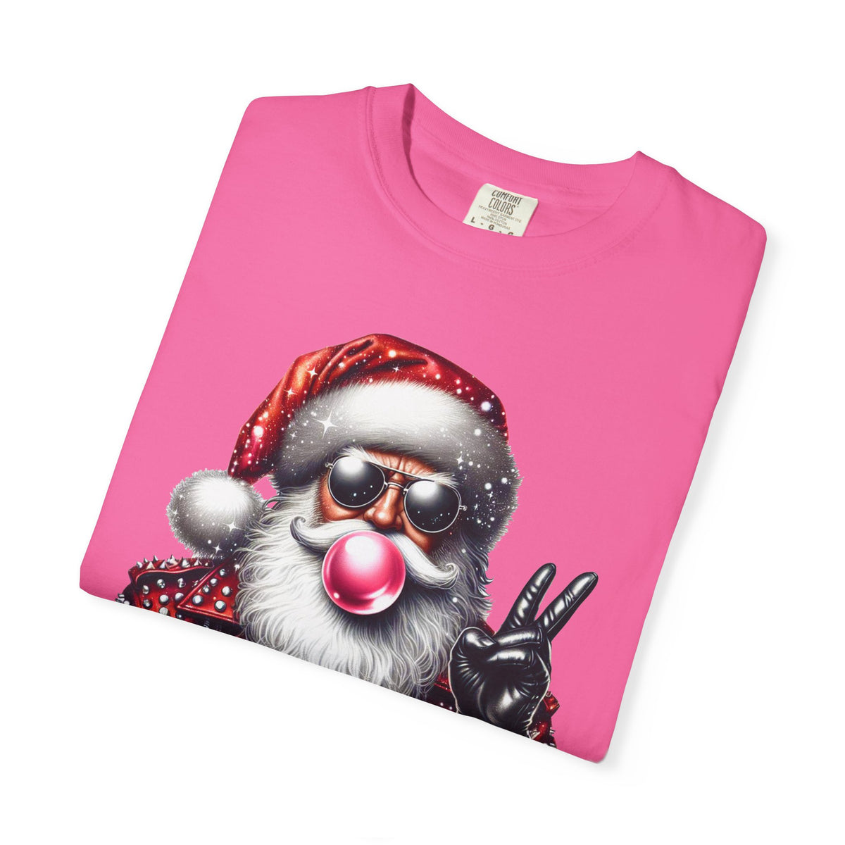 Biker Santa Leather Jacket Bubblegum - Comfort Colors | Trendy Women's and Men's T-Shirt. Direct to Garment. Printed & Shipped in the USA. Unisex Sizes.