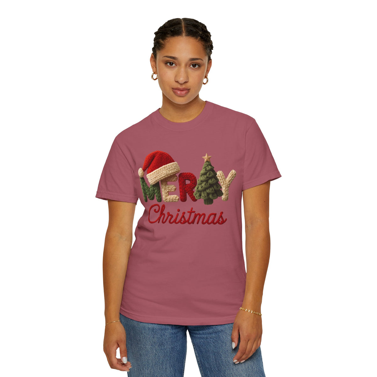 Merry Christmas Faux Yarn w/Santa Hat & Tree - Comfort Colors | Trendy Women's T-Shirt. Direct to Garment. Printed & Shipped in the USA. Unisex Sizes.