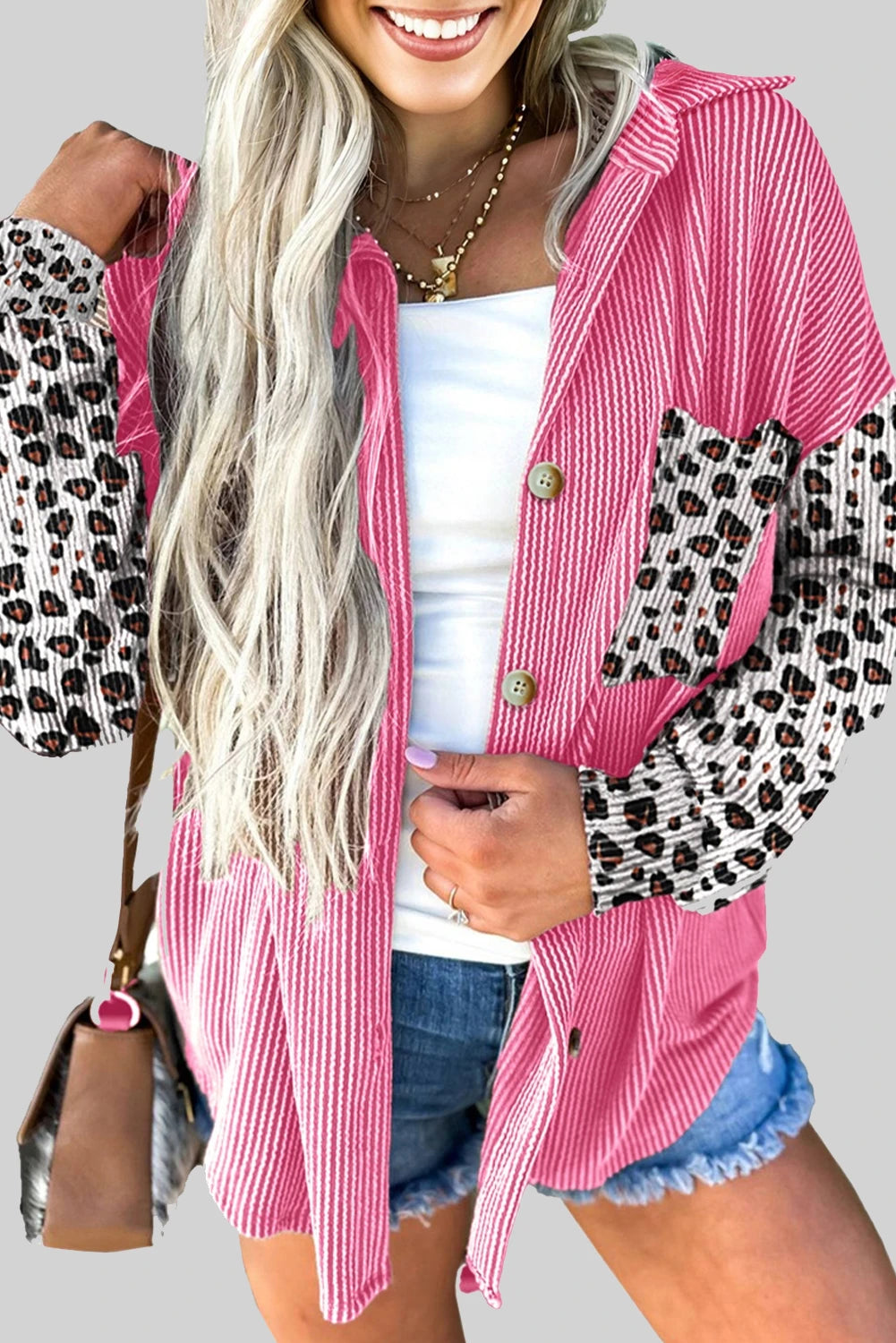 Pink, Leopard-Patched Ribbed Button-Up Long Sleeve Top with Pocket