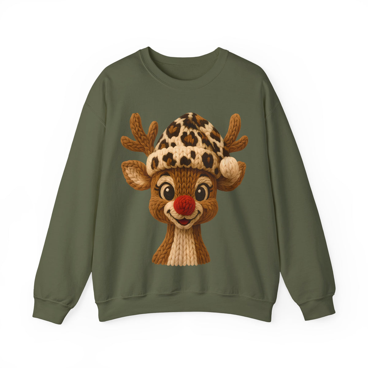 Rudolph Reindeer Leopard Santa Hat Christmas – Gildan Heavy Blend | Trendy Women’s Soft Sweatshirt. Direct to Garment. Printed & Shipped in the USA. Unisex Sizes.