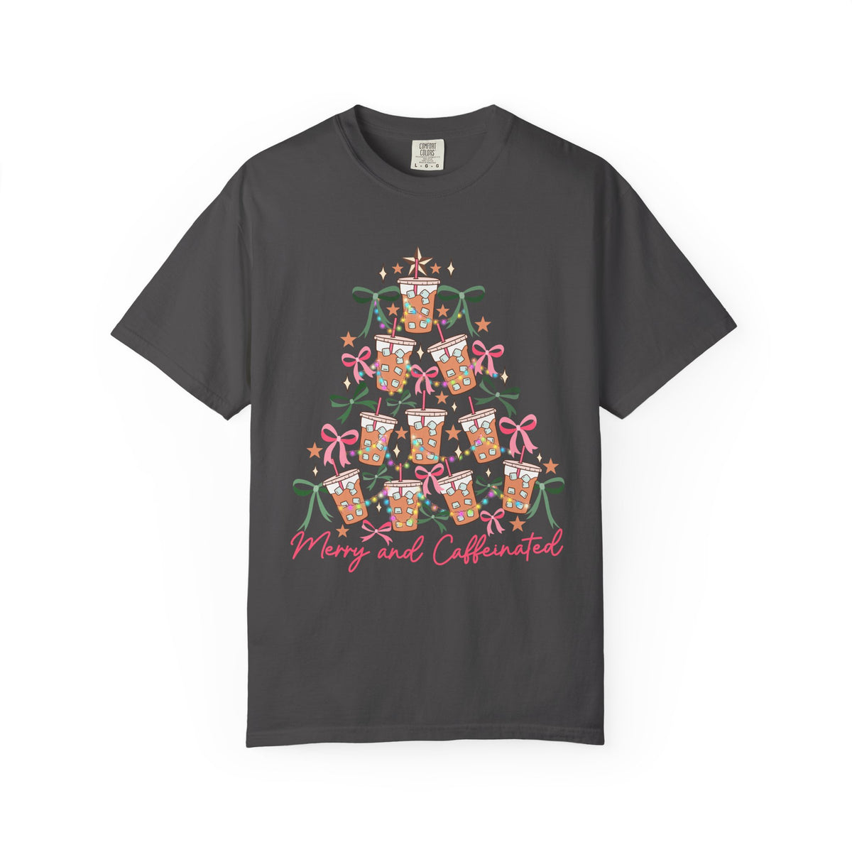 Merry and Caffeinated Iced Coffee Christmas Tree - Comfort Colors | Trendy Women's T-Shirt. Direct to Garment. Printed & Shipped in the USA. Unisex Sizes.