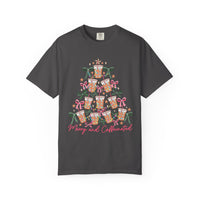 Merry and Caffeinated Iced Coffee Christmas Tree - Comfort Colors | Trendy Women's T-Shirt. Direct to Garment. Printed & Shipped in the USA. Unisex Sizes.