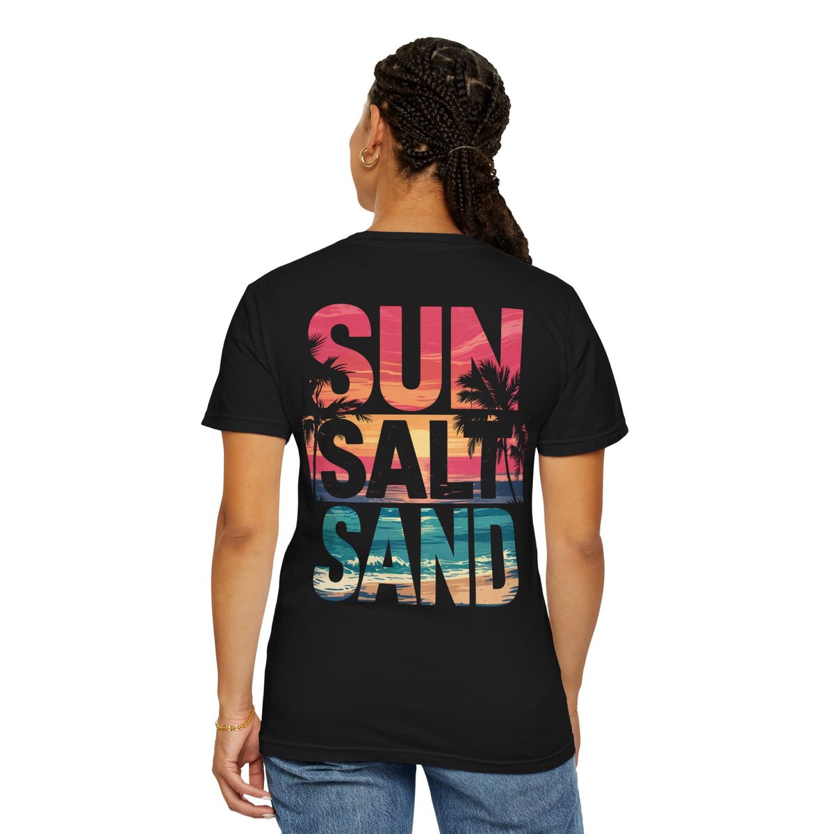 Sun Salt Sand, Beach Sunset - Front & Back Print - Comfort Colors | Trendy Women's and Men's T-Shirt. Direct to Garment. Printed & Shipped in the USA. Unisex Sizes.