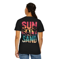 Sun Salt Sand, Beach Sunset - Front & Back Print - Comfort Colors | Trendy Women's and Men's T-Shirt. Direct to Garment. Printed & Shipped in the USA. Unisex Sizes.