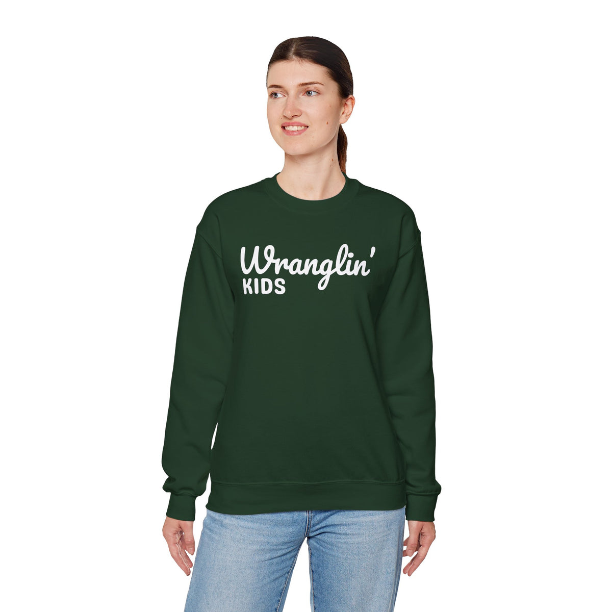Wranglin' Kids Funny Mom Dad – Gildan Heavy Blend | Trendy Women’s and Men's Soft Sweatshirt. Direct to Garment. Printed & Shipped in the USA. Unisex Sizes.