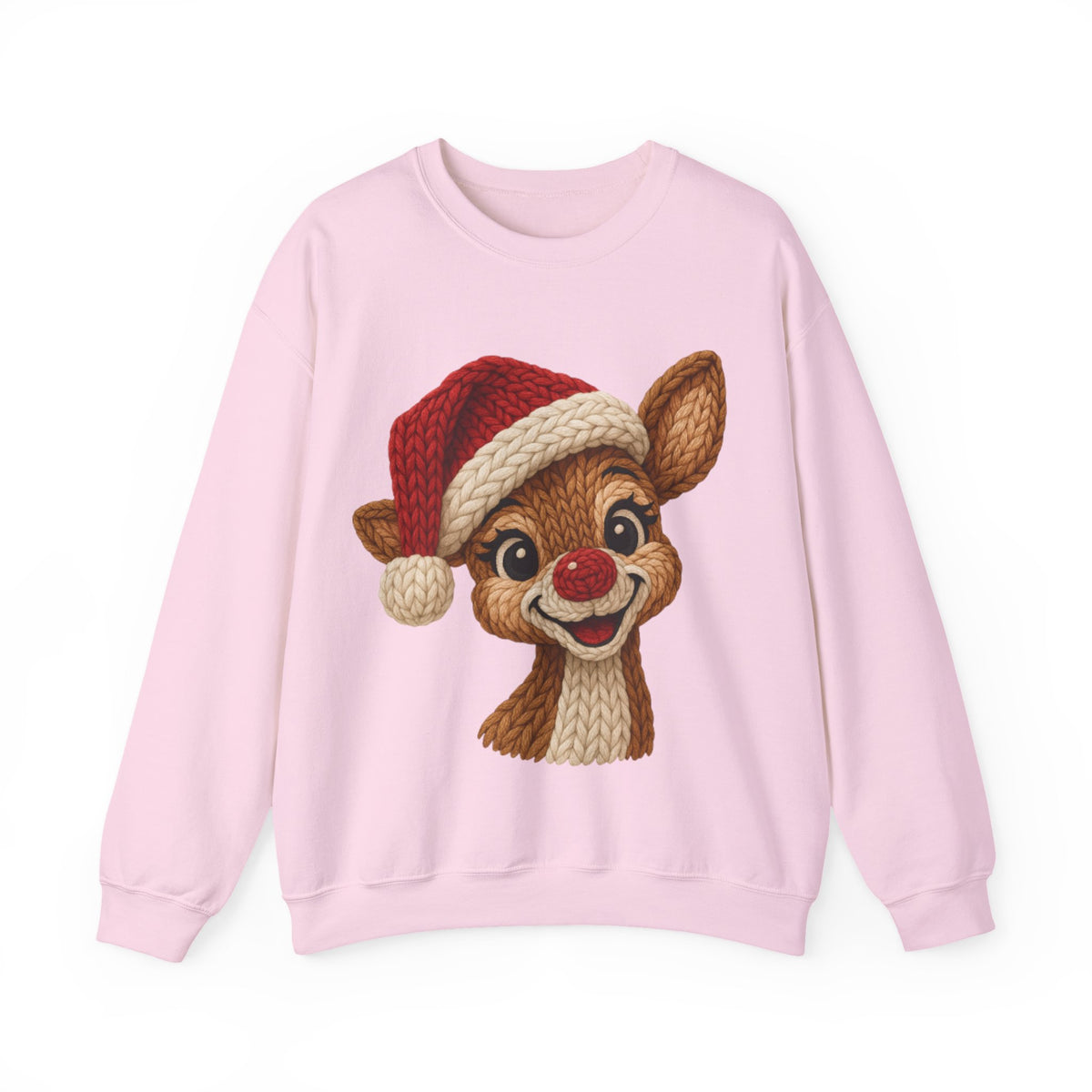 Cute Rudolph Faux Knit Look Reindeer w/Santa Hat – Gildan Heavy Blend | Trendy Women’s Soft Sweatshirt. Direct to Garment. Printed & Shipped in the USA. Unisex Sizes.