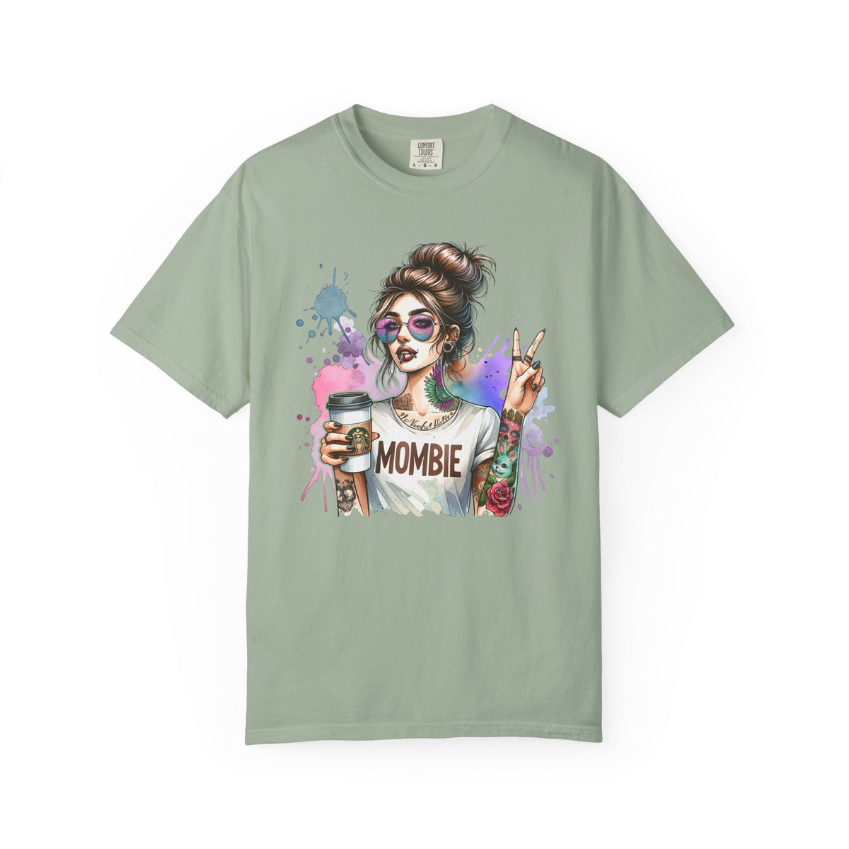 Cool Mombie with Coffee Peace Tattoo - Comfort Colors | Trendy Women's T-Shirt. Direct to Garment. Printed & Shipped in the USA. Unisex Sizes.