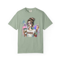Cool Mombie with Coffee Peace Tattoo - Comfort Colors | Trendy Women's T-Shirt. Direct to Garment. Printed & Shipped in the USA. Unisex Sizes.