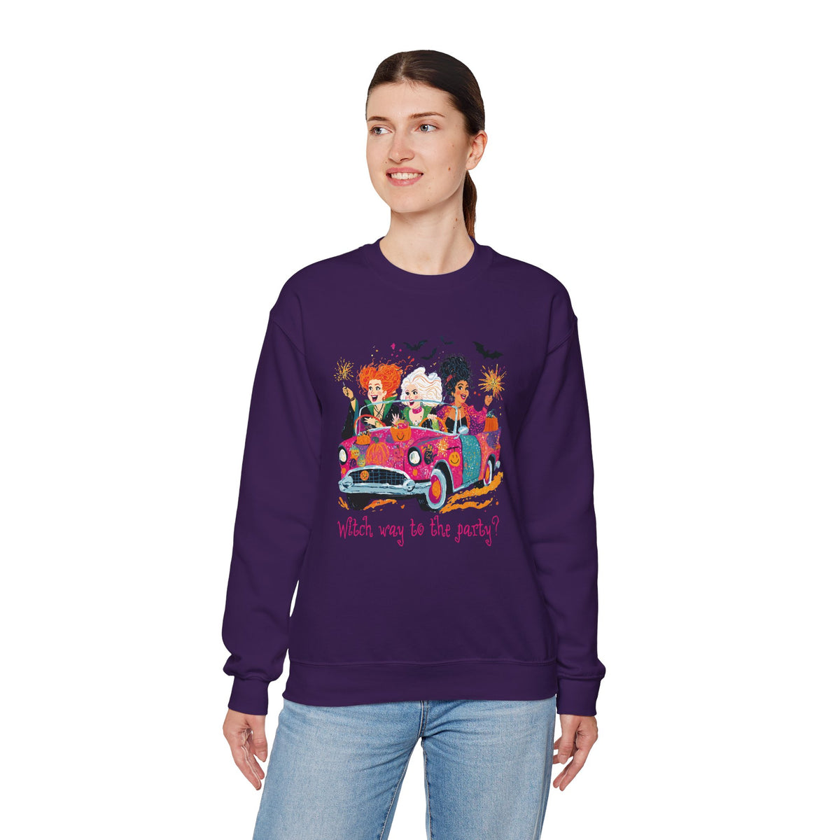 Witch Way to the Party? – Gildan Heavy Blend | Trendy Women’s Soft Sweatshirt. Direct to Garment. Printed & Shipped in the USA. Unisex Sizes.