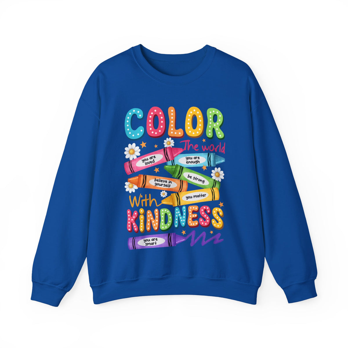 Color the World With Kindness Crayons, Great Teacher Gift – Gildan Heavy Blend | Trendy Women’s and Men's Soft Sweatshirt. Direct to Garment. Printed & Shipped in the USA. Unisex Sizes.